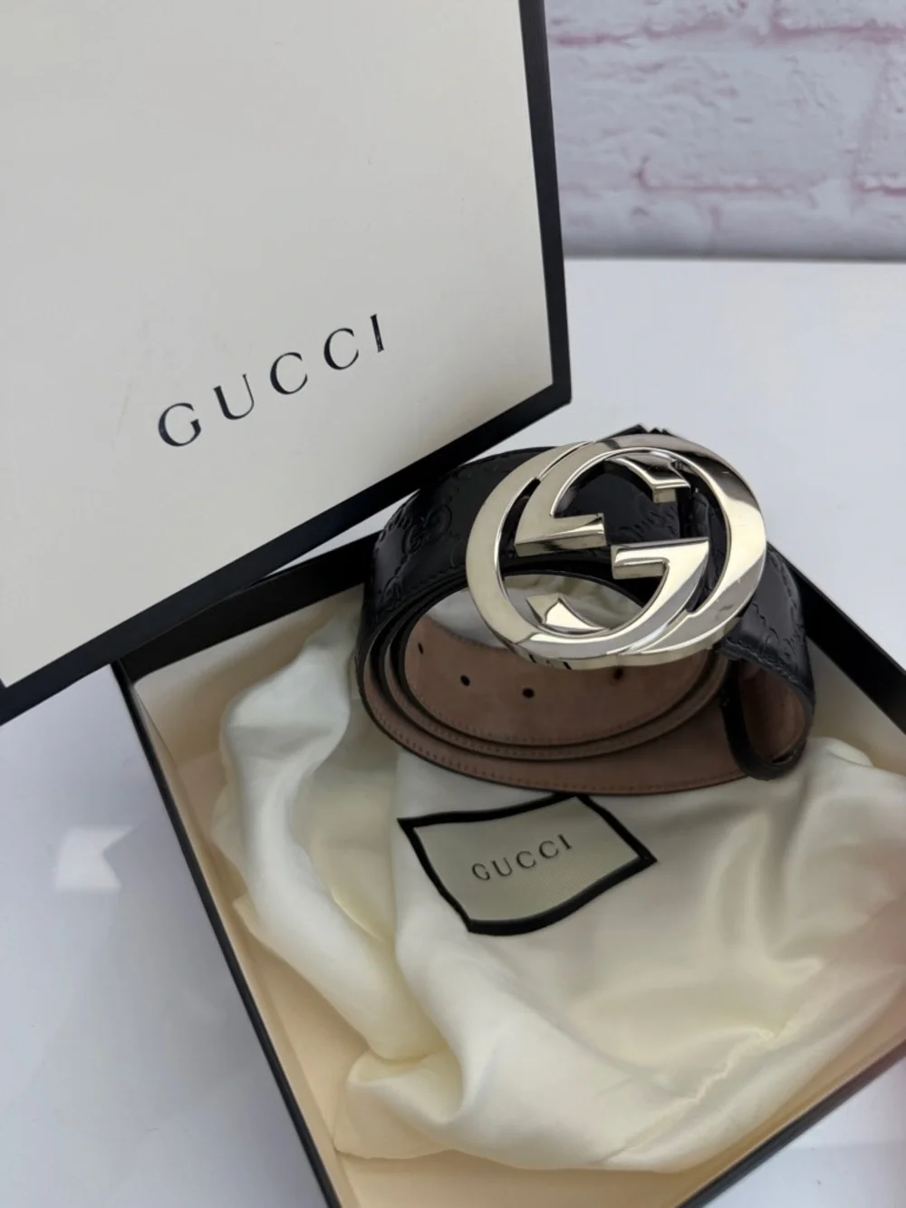 Authentic Gucci Guccissima Black Mens Leather Belt Gg Interlocking 90/36 411924